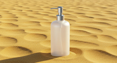 Frosted glass bottle with silver pump on shimmering golden sand. Smooth, fine sand with subtle patterns create a relaxing desert scene.の素材