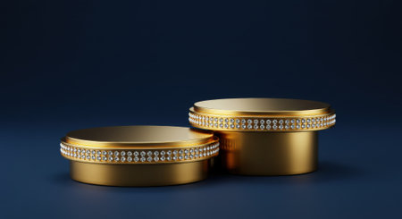 Two tiered gold pedestal with diamond accents against a deep blue backdrop, ideal for showcasing luxury products or creating elegant presentations.の素材