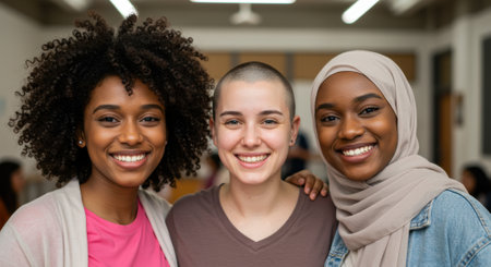 Close up of three diverse young women sharing a joyful moment, smiling warmly at the camera indoors in a well lit community center.の素材