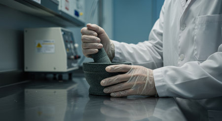 Close up of hands wearing medical gloves and lab coat using a grey stone mortar and pestle on a stainless steel surface in laboratory.の素材