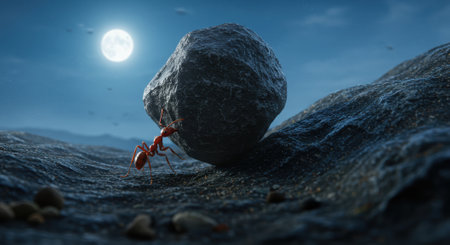 Red ant pushes a large rock up a rocky hill under a full moon. Symbolizes strength, determination, effort, and overcoming obstacles in nature.の素材
