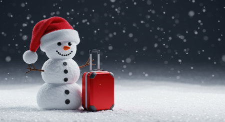 Festive snowman wearing a Santa hat next to a red suitcase in a snowy scene, suggesting winter holiday travel. Snow is falling.の素材