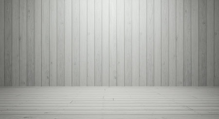 Bright empty studio space with cool toned light grey wooden panels on the walls and floor. The wall features vertical planking with subtle light.の素材