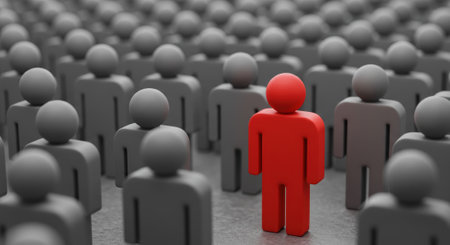 Bright red 3D render of a figure stands out clearly in the foreground, surrounded by a dense, slightly blurred crowd of identical gray 3D figures.の素材