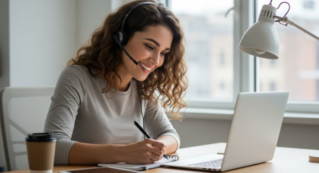 Smiling woman with headset takes notes during online meeting using laptop at desk. Remote work, teleconference, distance education concept.の素材