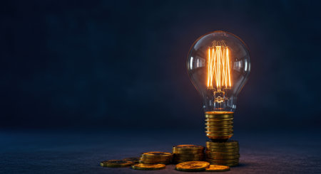 Illuminated Edison style lightbulb on stack of coins against dark backdrop, symbolizing financial ideas, investment, and energy efficiency concepts.の素材