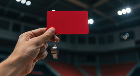 Referees hand holding a red card and whistle in a sports arena, signaling a foul or penalty during a game. Symbol of authority and rule enforcement.の素材