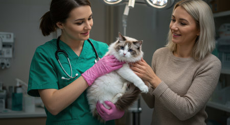 Female veterinarian in green scrubs holds a fluffy cat in examination room as the owner pets it. Pet care and veterinary medicine concept.の素材