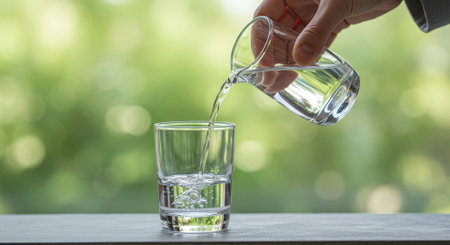 Close up of hand pouring clear liquid from pitcher into glass tumbler on table against green bokeh. Refreshment, hydration and wellness concept.の素材