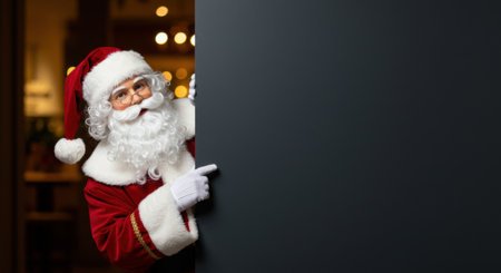 Santa Claus peeking from the left side of a large vertical dark gray sign, pointing towards the board with his right hand. Christmas concept.の素材