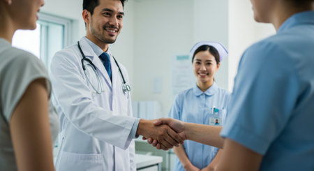 Friendly male doctor in white coat shakes hands with patient in clinic. Smiling female nurse in blue uniform stands nearby. Healthcare and medical concept.の素材
