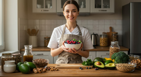 Smiling female doctor in apron holds mixed berries and greens in kitchen. Healthy eating concept with fresh fruit, vegetables, and nuts on counter.の素材