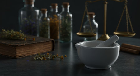 Close up of white porcelain mortar and pestle on dark stone surface. Blurred old book, bottles, balance scale, and herbs in the background.の素材