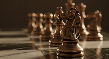 Close up of a bronze chess knight with ornate pattern, standing in focus on a marble chessboard. Strategic game of skill and intellect concept.の素材