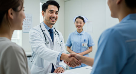 Smiling Asian doctor in white coat shakes hands with patient at clinic. Nurse in uniform stands nearby. Healthcare and medical concept with copy space.の素材