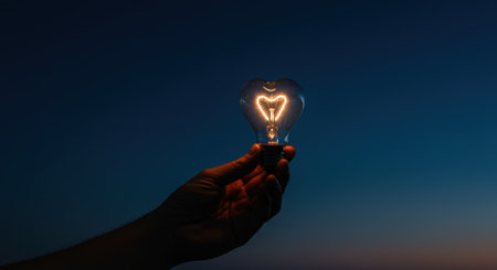 Hand holds heart shaped lightbulb against twilight sky. Symbolizes love, idea, inspiration, and innovation with a soft, ethereal glow in darkness.の素材