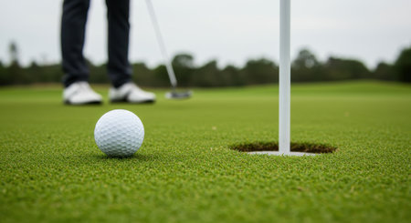 Close up of a golf ball near the hole on the green, ready to be putted by a golfer in the background. Focus on precision and the games challenge.の素材