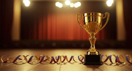Golden trophy cup on wooden stage with colorful ribbons. Symbol of victory, success, achievement, and celebration in a competition or performance.の素材