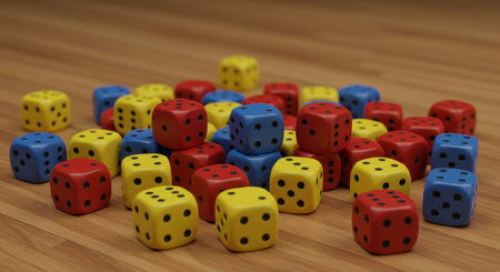 Pile of colorful dice on a wooden surface. Red, yellow, and blue dice are scattered, creating a vibrant and playful arrangement for game concepts.の素材