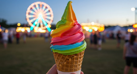 Colorful rainbow ice cream cone at summer night carnival with ferris wheel and blurred people in background. Sweet treat at fairground event.の素材