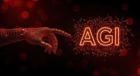 Conceptual image shows a robot hand touching AGI letters, representing artificial general intelligence on a dark red, glowing background.の素材