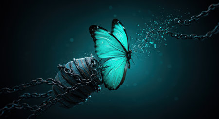 Turquoise butterfly emerges from a stone block, breaking free from chains, symbolizing freedom and transformation on a dark teal background.の素材