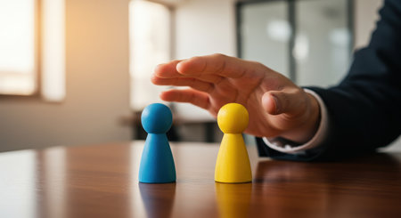 Businessman hand hovers over yellow figure, protecting it from blue one on a table. Concept for care, insurance, and safety in business.の素材