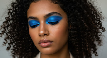 Close up of a woman with dark curly hair and bright blue eyeshadow, eyes closed, showcasing beauty, makeup, and cosmetic artistry.の素材