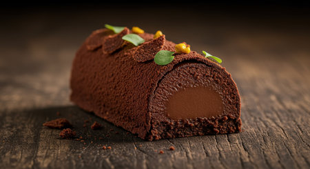 Delicious chocolate yule log cake on rustic wooden surface, garnished with fresh mint leaves and orange zest. Perfect for holiday dessert concepts.の素材