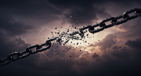 Broken metal chain with shattered links against a dramatic sky with lightning. Symbolizes freedom, strength, and overcoming obstacles.の素材