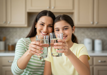 Smiling mother and daughter toasting with glasses of fresh water in a kitchen. Healthy hydration concept showing family values and wellbeing. Pure water for health.の素材