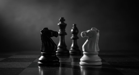 Monochrome shot of chess pieces including knights, king, and bishop on a chessboard. Strategic game with focus on confrontation and planning in a dark setting.の素材