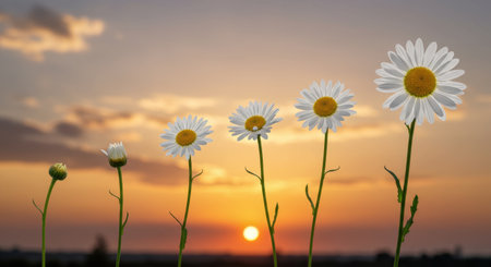 Daisy flower growth stages against a sunset sky. Concept for life cycle, development, and progress. Represents nature, time, and transformation.の素材
