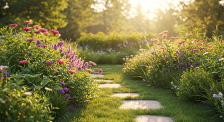 Sunlit garden path lined with colorful flowers, lush greenery, and stepping stones leading into a bright, tranquil landscape. A serene outdoor scene.の素材