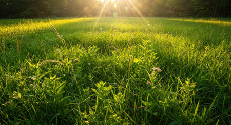 Sunlight streams through a lush green meadow with tall grasses and wildflowers, creating a tranquil and vibrant natural scene in the countryside.の素材