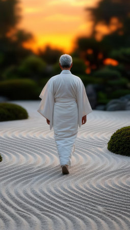 Person in white robe walking on raked sand in a Japanese Zen garden at sunset. Wavy patterns in the sand, serene landscape.の素材