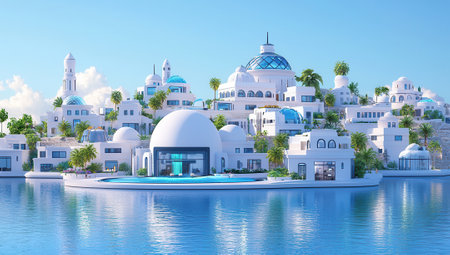 Futuristic luxury white city with domes and modern architecture built on islands surrounded by blue water under a clear sky.の素材