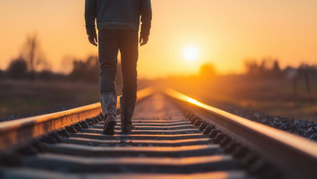 Person walking away on train tracks towards the setting sun, symbolizing journey, future, and hope.の素材