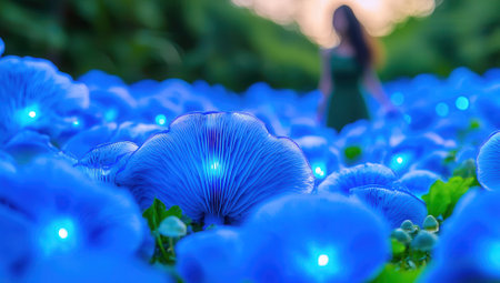 Close up of glowing blue mushrooms in a field with a blurred person in the background. Fantasy nature scene with bioluminescence.の素材