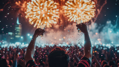 People raise glasses in toast watching vibrant fireworks explode over a city skyline at night during a large public celebration event.の素材