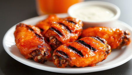 Spicy buffalo chicken wings on a white plate with dipping sauce. Delicious and flavorful appetizer or meal.の素材