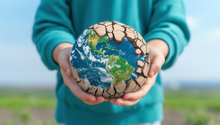 Hands hold a cracked model of the Earth, symbolizing climate change and environmental crisis.の素材