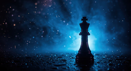 Black chess king piece on a wet surface with water droplets, illuminated by dramatic blue light and smoke with bokeh effect.の素材