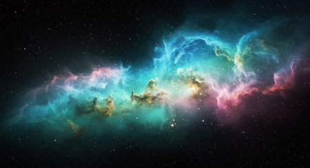 Colorful cosmic nebula with glowing gas and dust clouds among stars in deep space.の素材