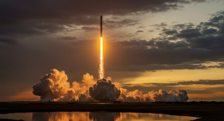 Powerful rocket launch ascending into a dramatic cloudy sunset sky with large smoke plumes and fiery exhaust trail.の素材