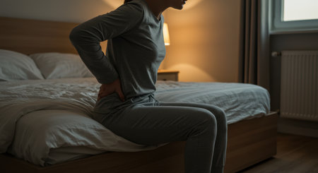 Woman sitting on a bed holding her lower back in pain. Concept of backache, discomfort, health problem, and medical issue at home in the bedroom.の素材