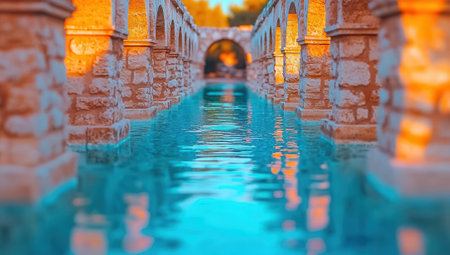 Row of ancient stone arches reflected in a pool of water under warm sunlight creating a serene architectural landscape.の素材