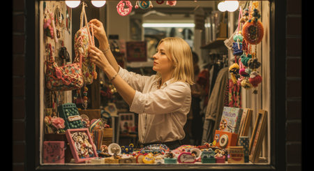 Woman arranging bags and accessories in a shop window display at night. Small business owner working in a boutique or craft store. Retail and commerce concept.の素材