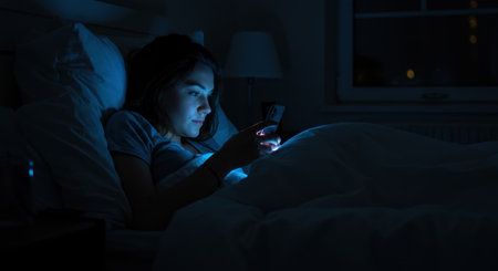 Young woman lying in bed at night using a smartphone, screen light illuminating her face in a dark bedroom, depicting technology use and sleep issues.の素材