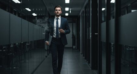 Confident businessman walking through a modern office corridor holding a laptop and a steaming cup of coffee, representing corporate success and busy professional life.の素材